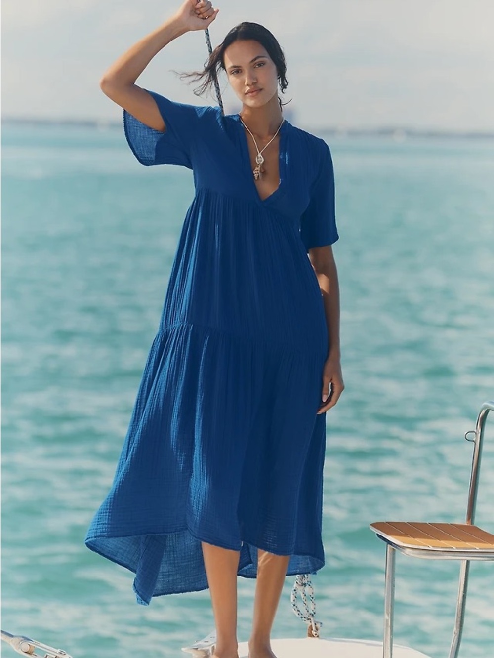 Anthropologie Cobalt Blue V-Neck Tiered Swim Coverup